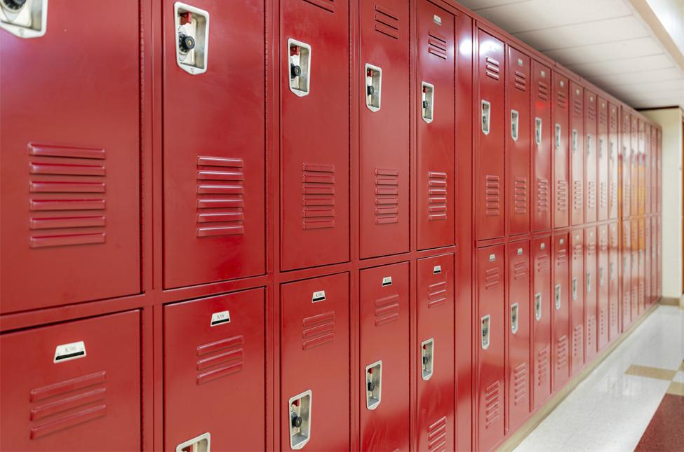 Red lockers in a school